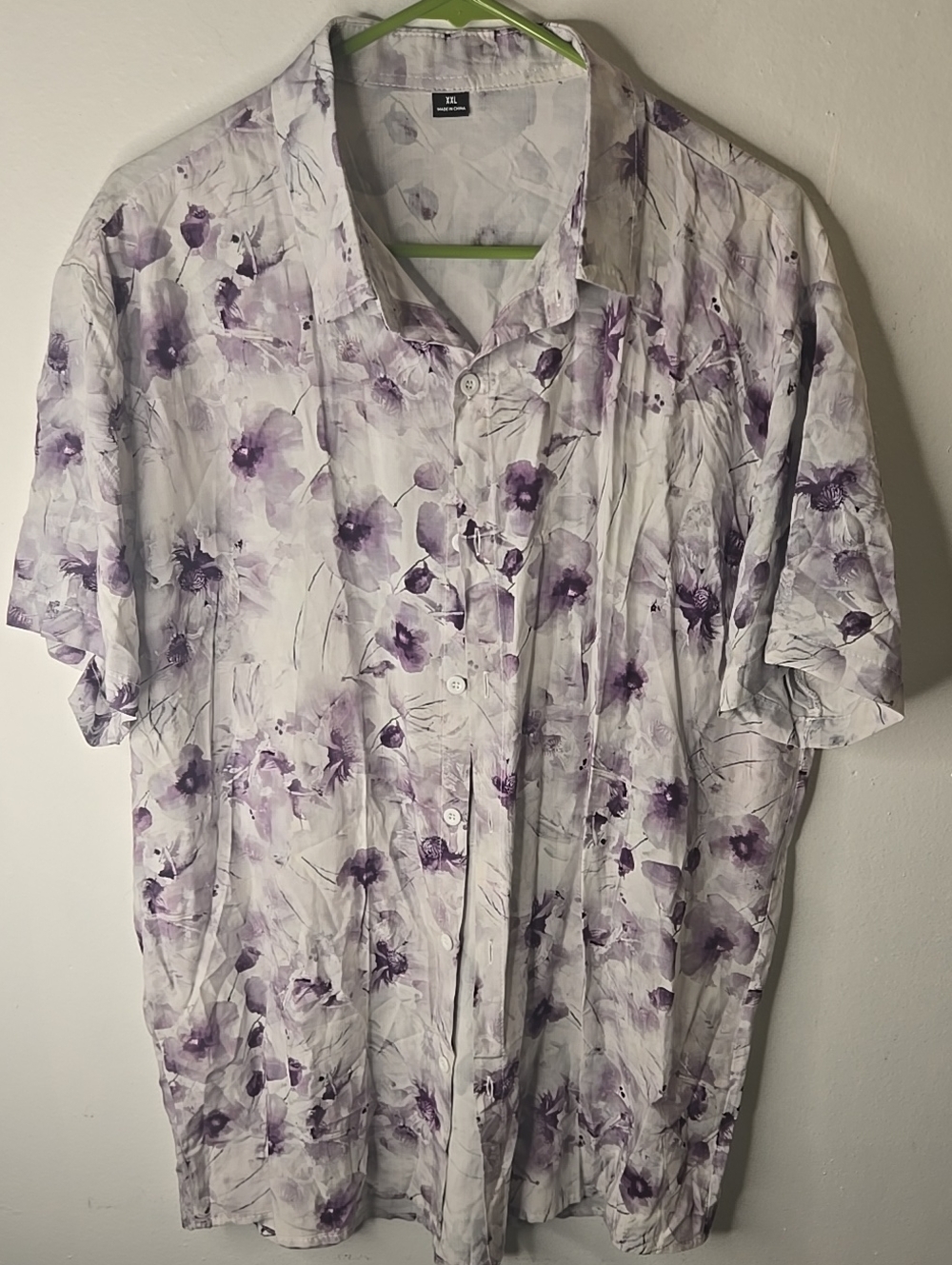 Men's Floral Short-Sleeve Button-Up Shirt - Purple on White